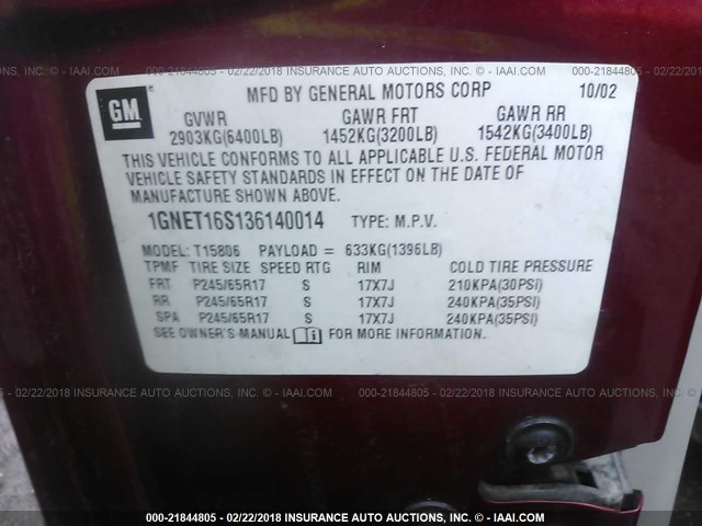 1GNET16S136140014 - 2003 CHEVROLET TRAILBLAZER EXT BURGUNDY photo 9