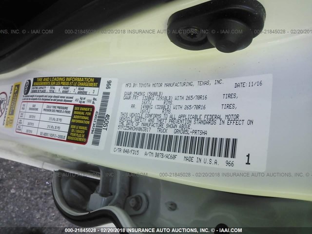 5TFCZ5AN3HX063817 - 2017 TOYOTA TACOMA DBL CAB/SR/TRDSPT/OR/PRO თეთრი ფოტო 9