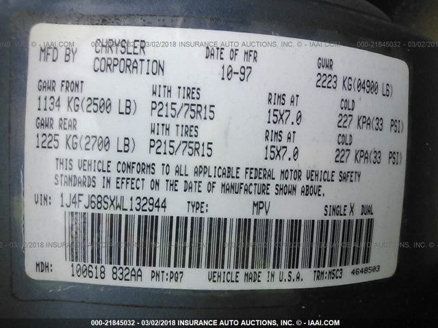 1J4FJ68SXWL132944 - 1998 JEEP CHEROKEE SPORT/CLASSIC ლურჯი ფოტო 9