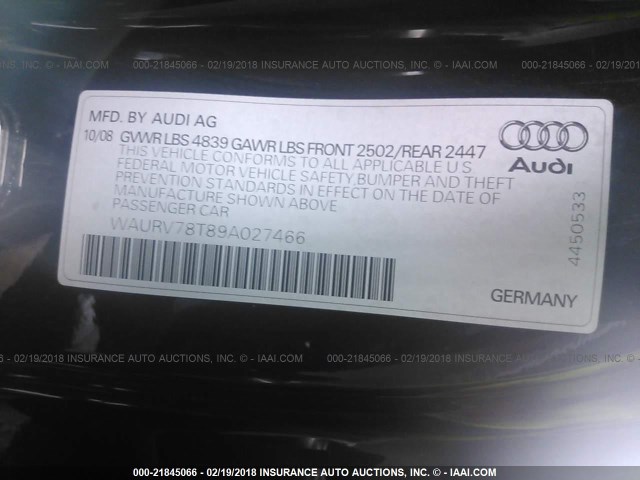 WAURV78T89A027466 - 2009 AUDI S5 QUATTRO BLACK photo 9