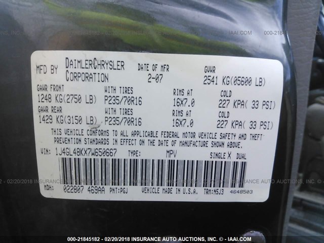 1J4GL48KX7W650667 - 2007 JEEP LIBERTY SPORT 绿色 照片 9