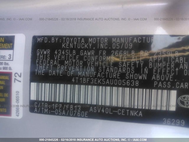 4T1BF3EK5AU005638 - 2010 TOYOTA CAMRY SE/LE/XLE SILVER photo 9