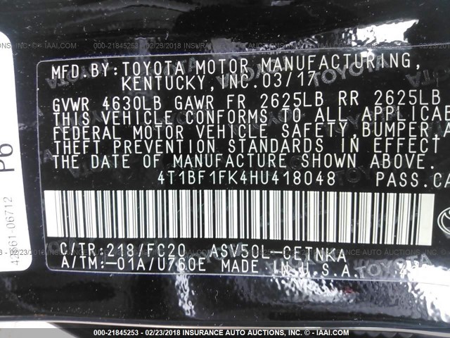 4T1BF1FK4HU418048 - 2017 TOYOTA CAMRY LE/XLE/SE/XSE BLACK photo 9