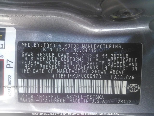 4T1BF1FK3FU066173 - 2015 TOYOTA CAMRY LE/XLE/SE/XSE ნაცრისფერი ფოტო 9