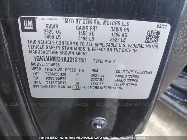 1GKLVMED1AJ212150 - 2010 GMC ACADIA SLT-1 Czarny zdjęcie 9