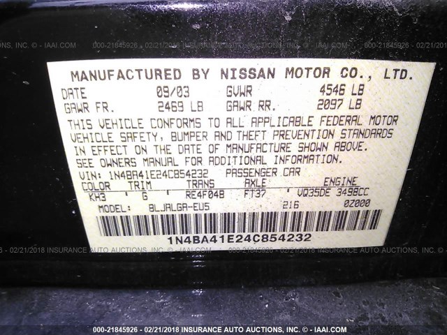 1N4BA41E24C854232 - 2004 NISSAN MAXIMA SE/SL BLACK photo 9