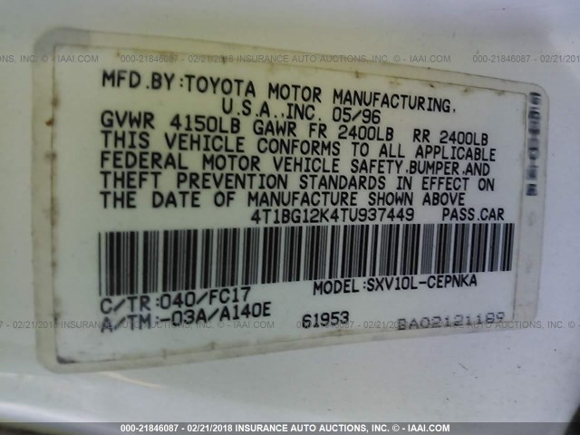 4T1BG12K4TU937449 - 1996 TOYOTA CAMRY DX/LE/XLE WHITE photo 9