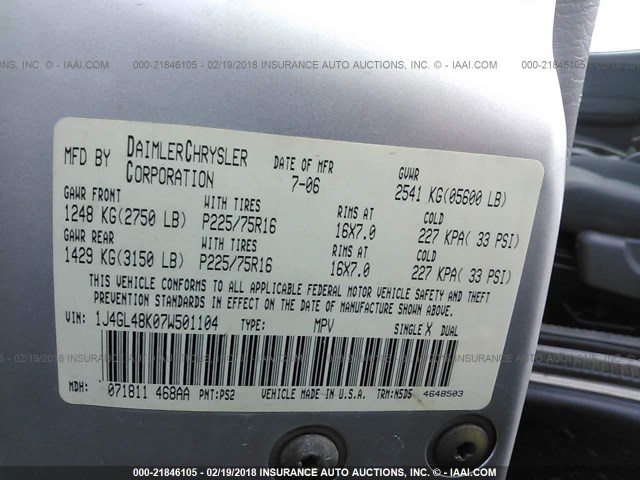 1J4GL48K07W501104 - 2007 JEEP LIBERTY SPORT 银色 照片 9