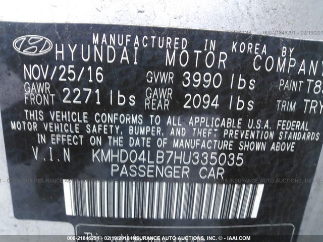 KMHD04LB7HU335035 - 2017 HYUNDAI ELANTRA SPORT SILVER photo 9