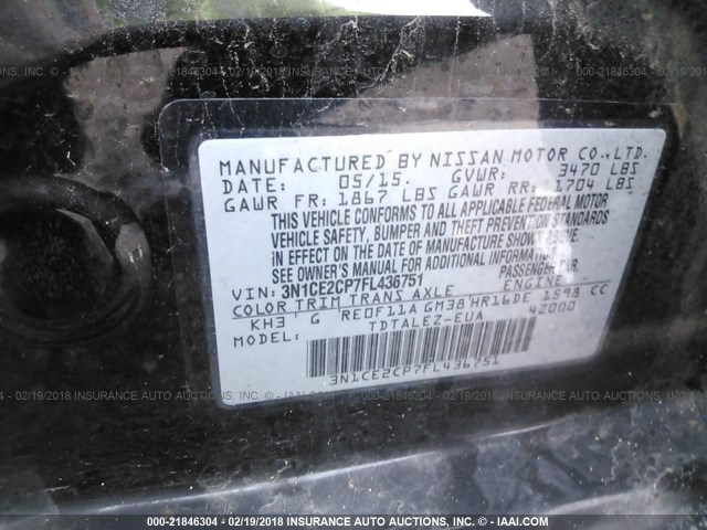 3N1CE2CP7FL436751 - 2015 NISSAN VERSA NOTE S/S PLUS/SV/SL/SR BLACK photo 9