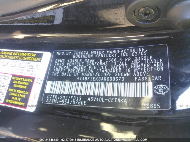 4T4BF3EK8AR008670 - 2010 TOYOTA CAMRY SE/LE/XLE BLACK photo 9