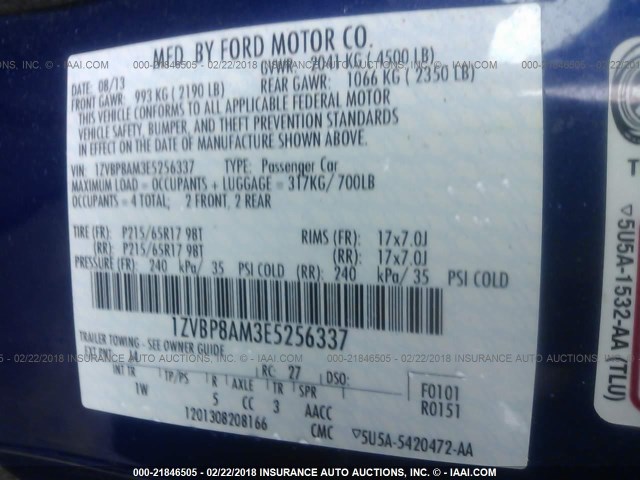 1ZVBP8AM3E5256337 - 2014 FORD MUSTANG BLUE photo 9