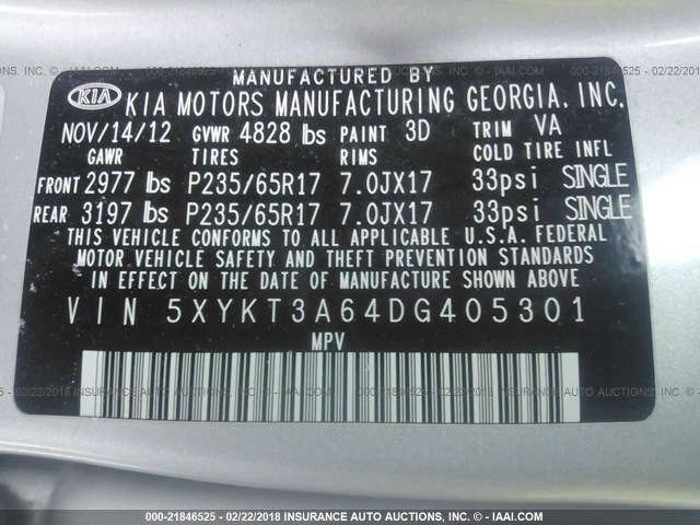 5XYKT3A64DG405301 - 2013 KIA SORENTO LX SILVER photo 9