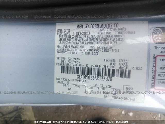 3FADP0L35AR177878 - 2010 FORD FUSION HYBRID Light Blue photo 9