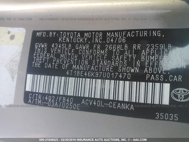 4T1BE46K97U017470 - 2007 TOYOTA CAMRY NEW GENERAT CE/LE/XLE/SE GOLD photo 9