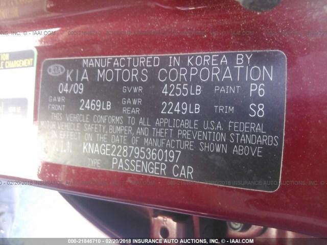 KNAGE228795360197 - 2009 KIA OPTIMA LX/EX RED photo 9