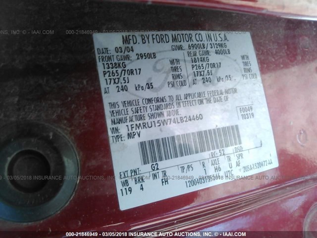 1FMRU15W74LB24460 - 2004 FORD EXPEDITION XLT RED photo 9