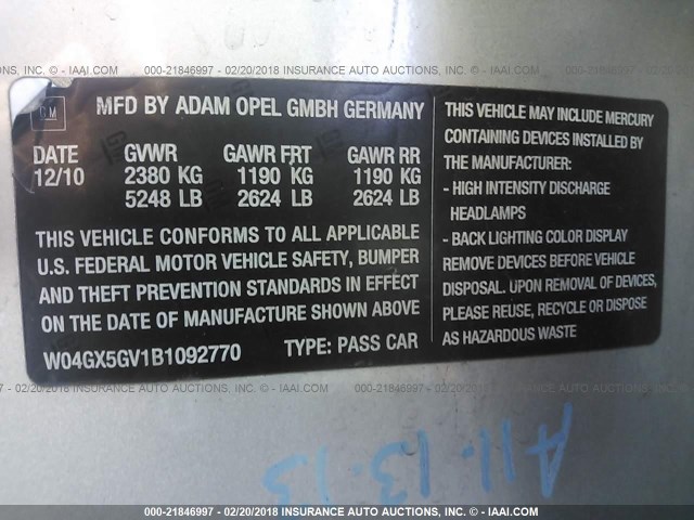 W04GX5GV1B1092770 - 2011 BUICK REGAL CXL SILVER photo 9