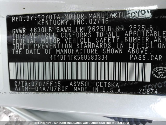 4T1BF1FK5GU580334 - 2016 TOYOTA CAMRY LE/XLE/SE/XSE თეთრი ფოტო 9