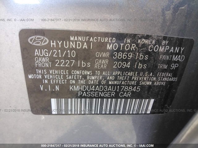 KMHDU4AD3AU178845 - 2010 HYUNDAI ELANTRA BLUE/GLS/SE GRAY photo 9