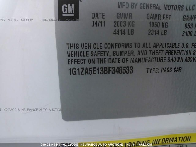 1G1ZA5E13BF348533 - 2011 CHEVROLET MALIBU LS 白色 照片 9