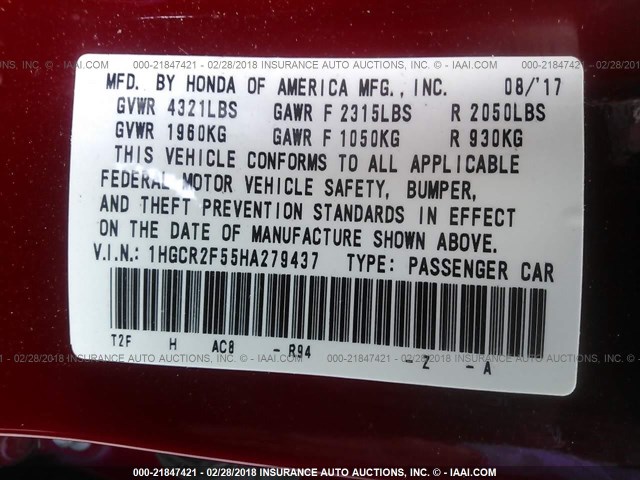 1HGCR2F55HA279437 - 2017 HONDA ACCORD SPORT 红色 照片 9