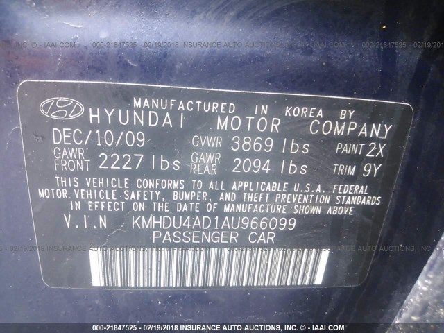 KMHDU4AD1AU966099 - 2010 HYUNDAI ELANTRA BLUE/GLS/SE BLUE photo 9