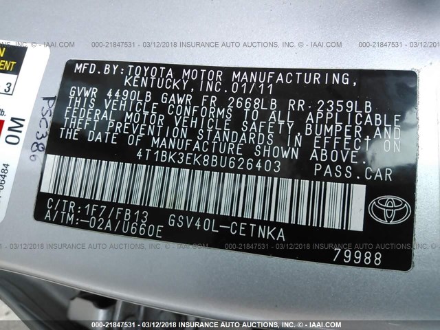 4T1BK3EK8BU626403 - 2011 TOYOTA CAMRY SE/LE/XLE 灰色 照片 9