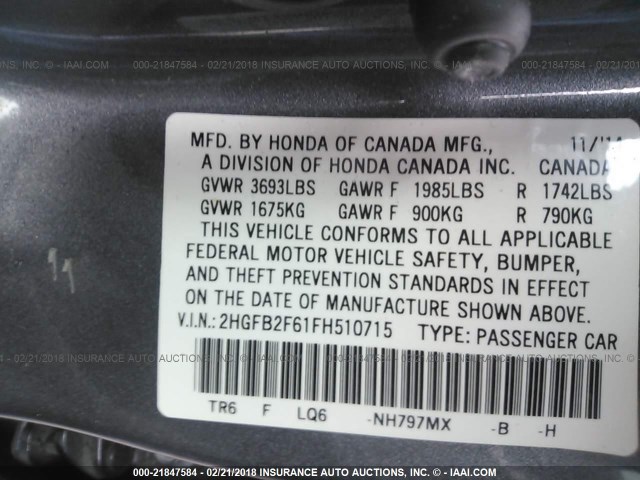 2HGFB2F61FH510715 - 2015 HONDA CIVIC HF GRAY photo 9