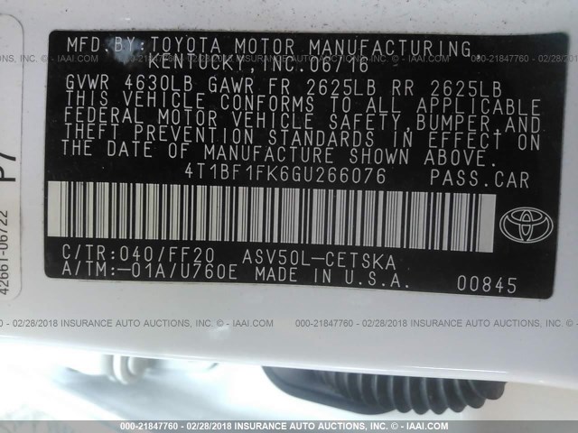 4T1BF1FK6GU266076 - 2016 TOYOTA CAMRY LE/XLE/SE/XSE WHITE photo 9