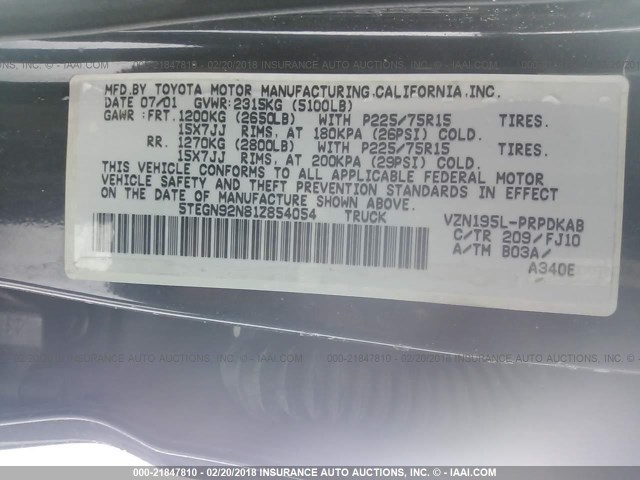 5TEGN92N81Z854054 - 2001 TOYOTA TACOMA DOUBLE CAB PRERUNNER BLACK photo 9