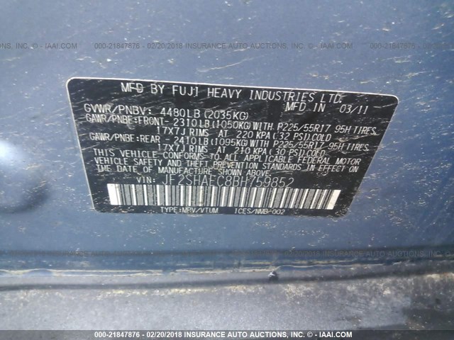 JF2SHAEC8BH759852 - 2011 SUBARU FORESTER LIMITED BLUE photo 9