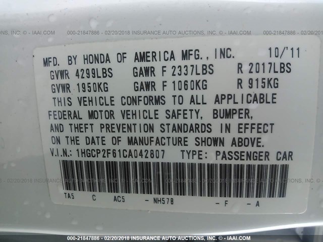 1HGCP2F61CA042807 - 2012 HONDA ACCORD SE WHITE photo 9