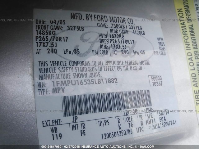 1FMPU16535LB11882 - 2005 FORD EXPEDITION XLT 银色 照片 9