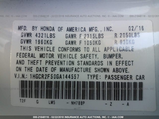 1HGCR2F50GA144557 - 2016 HONDA ACCORD SPORT 白色 照片 9