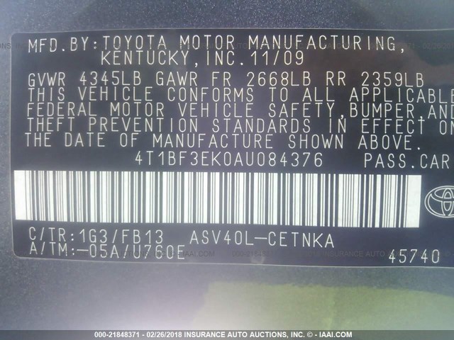 4T1BF3EK0AU084376 - 2010 TOYOTA CAMRY SE/LE/XLE GRAY photo 9