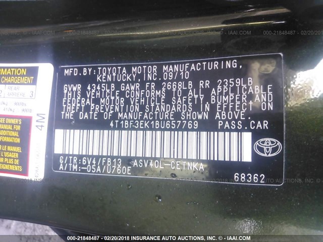 4T1BF3EK1BU657769 - 2011 TOYOTA CAMRY SE/LE/XLE GREEN photo 9