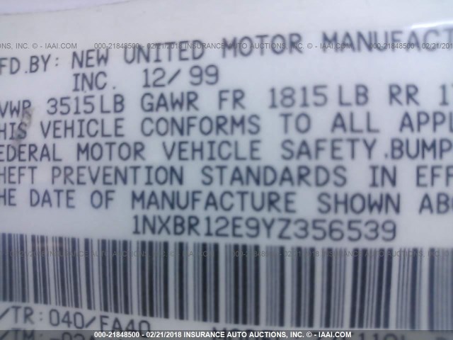 1NXBR12E9YZ356539 - 2000 TOYOTA COROLLA VE/CE/LE 白色 照片 9