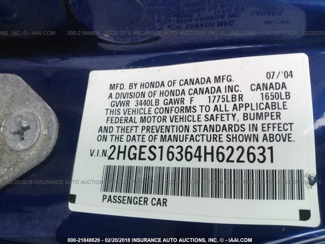 2HGES16364H622631 - 2004 HONDA CIVIC DX VP 蓝色 照片 9