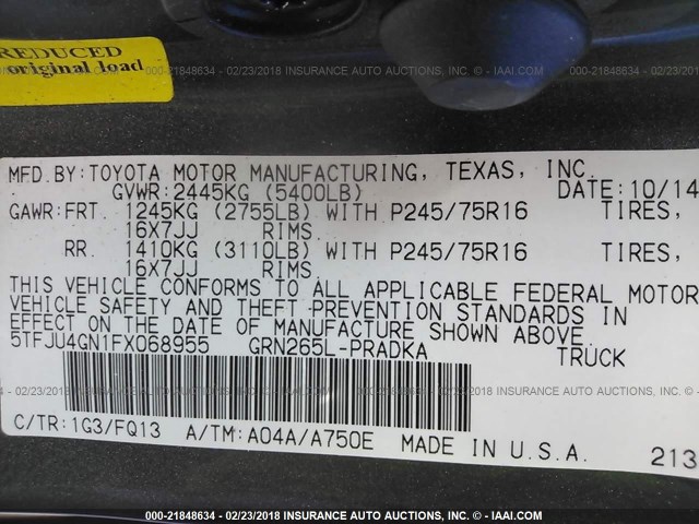 5TFJU4GN1FX068955 - 2015 TOYOTA TACOMA DOUBLE CAB PRERUNNER GRAY photo 9