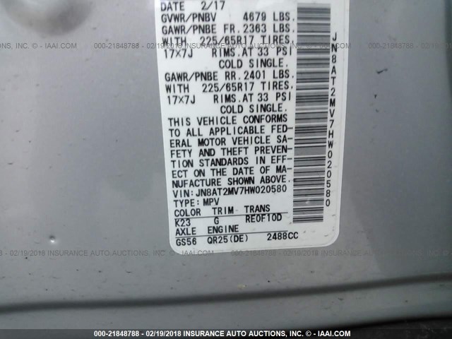 JN8AT2MV7HW020580 - 2017 NISSAN ROGUE S/SL/SV ვერცხლისფერი ფოტო 9