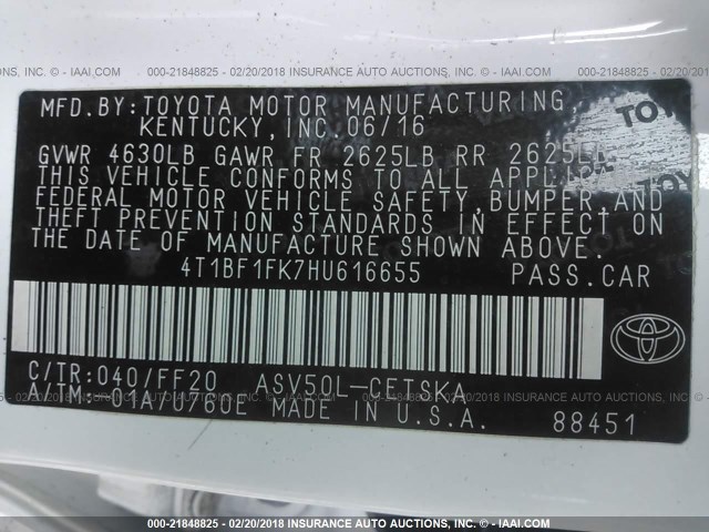 4T1BF1FK7HU616655 - 2017 TOYOTA CAMRY LE/XLE/SE/XSE WHITE photo 9