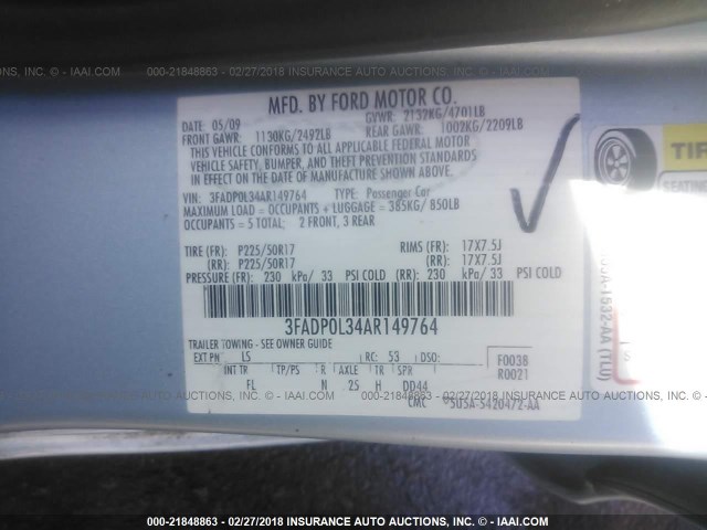 3FADP0L34AR149764 - 2010 FORD FUSION HYBRID Light Blue photo 9