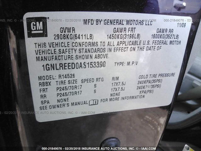 1GNLREED0AS153390 - 2010 CHEVROLET TRAVERSE LS MAROON photo 9