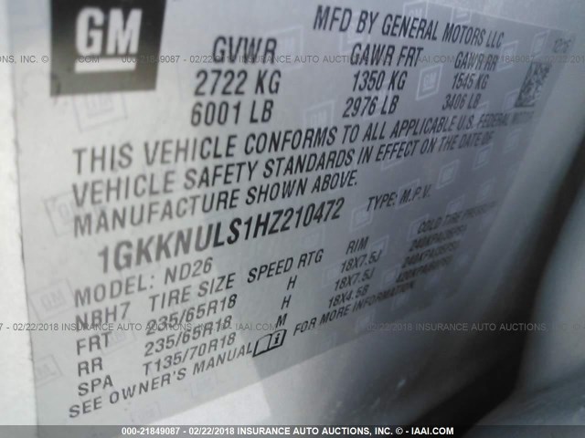 1GKKNULS1HZ210472 - 2017 GMC ACADIA SLT-1 SILVER photo 9