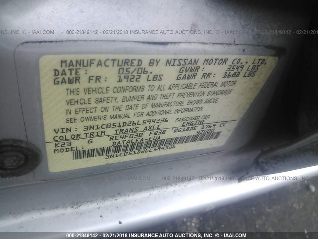 3N1CB51D26L594336 - 2006 NISSAN SENTRA 1.8/1.8S SILVER photo 9