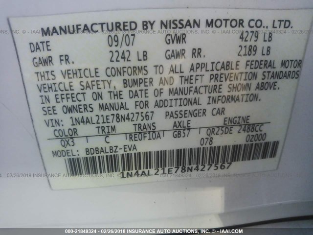 1N4AL21E78N427567 - 2008 NISSAN ALTIMA 2.5/2.5S WHITE photo 9