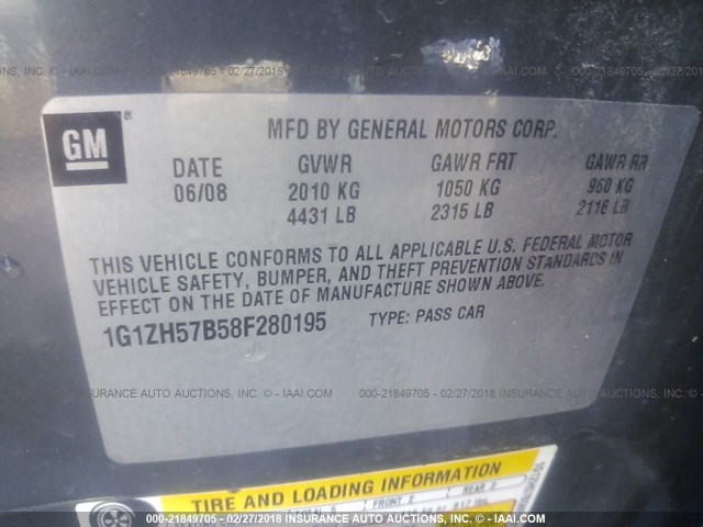 1G1ZH57B58F280195 - 2008 CHEVROLET MALIBU 1LT 灰色 照片 9