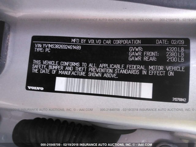 YV1MS382692461489 - 2009 VOLVO S40 2.4I SILVER photo 9