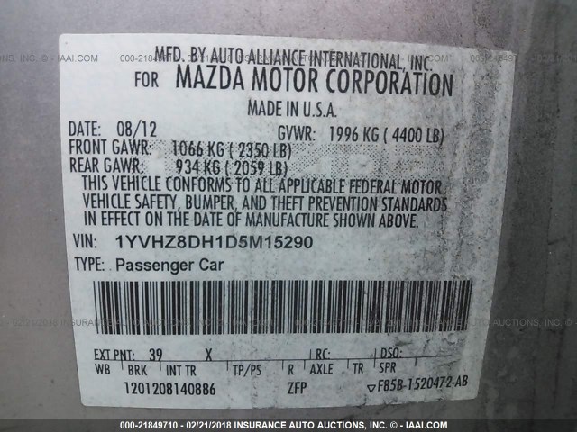 1YVHZ8DH1D5M15290 - 2013 MAZDA 6 TOURING SILVER photo 9